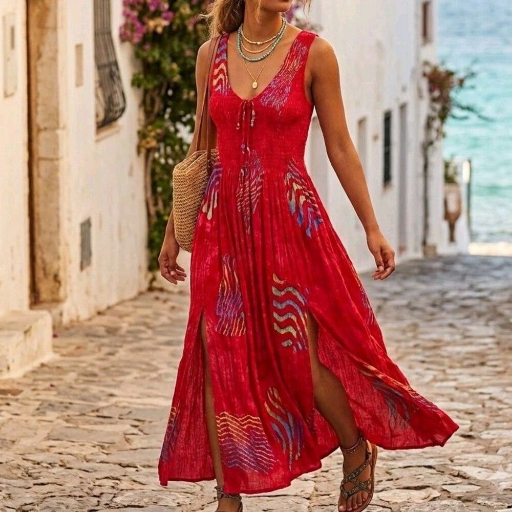 Bali Batiks Beaded Hand Painted Maxi Dress - M